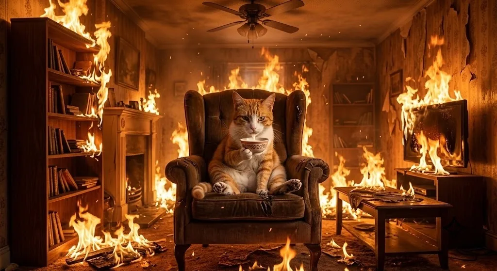 Cate calmly sipping tea in a burning room